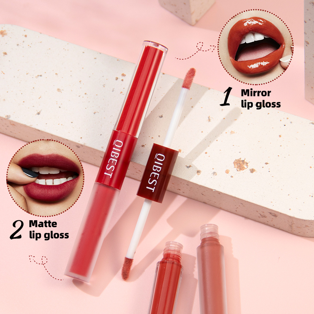 QIBEST Cross-border Velvet Matte Waterproof Non-Stick Cup Non-fading Lip Gloss Two-in-one Double-head Matte Lip Gloss Makeup Specification drawing
