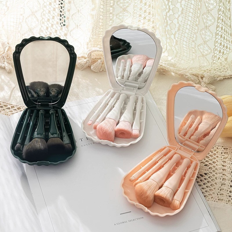 New highly popular 5-shell makeup brush with mirror mini portable beauty expert travel concealer and contouring set brush full figure
