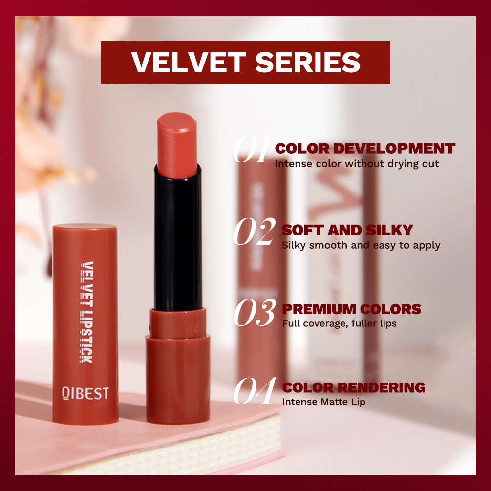 QIBEST Cross-border matte velvet matte lipstick is easy to color, does not stick to cups, does not fade, moisturizes and lasts long, and is a lipstick for makeup details Picture