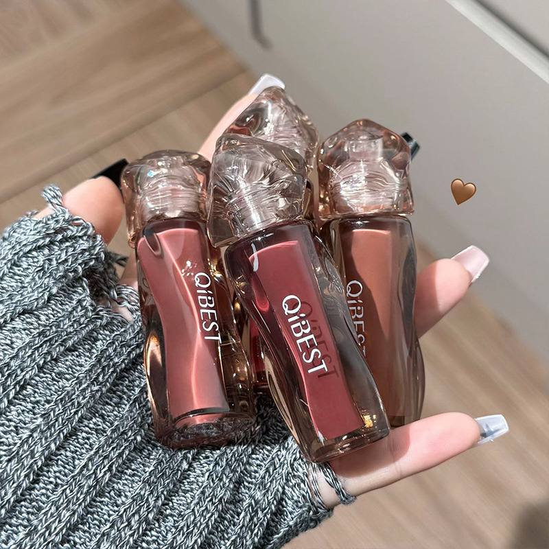 QIBEST Tea-brown Flowing Mirror Lip Gloss four-color Curved Lipstick for export, dark series lip mud one-piece consignment Specification drawing