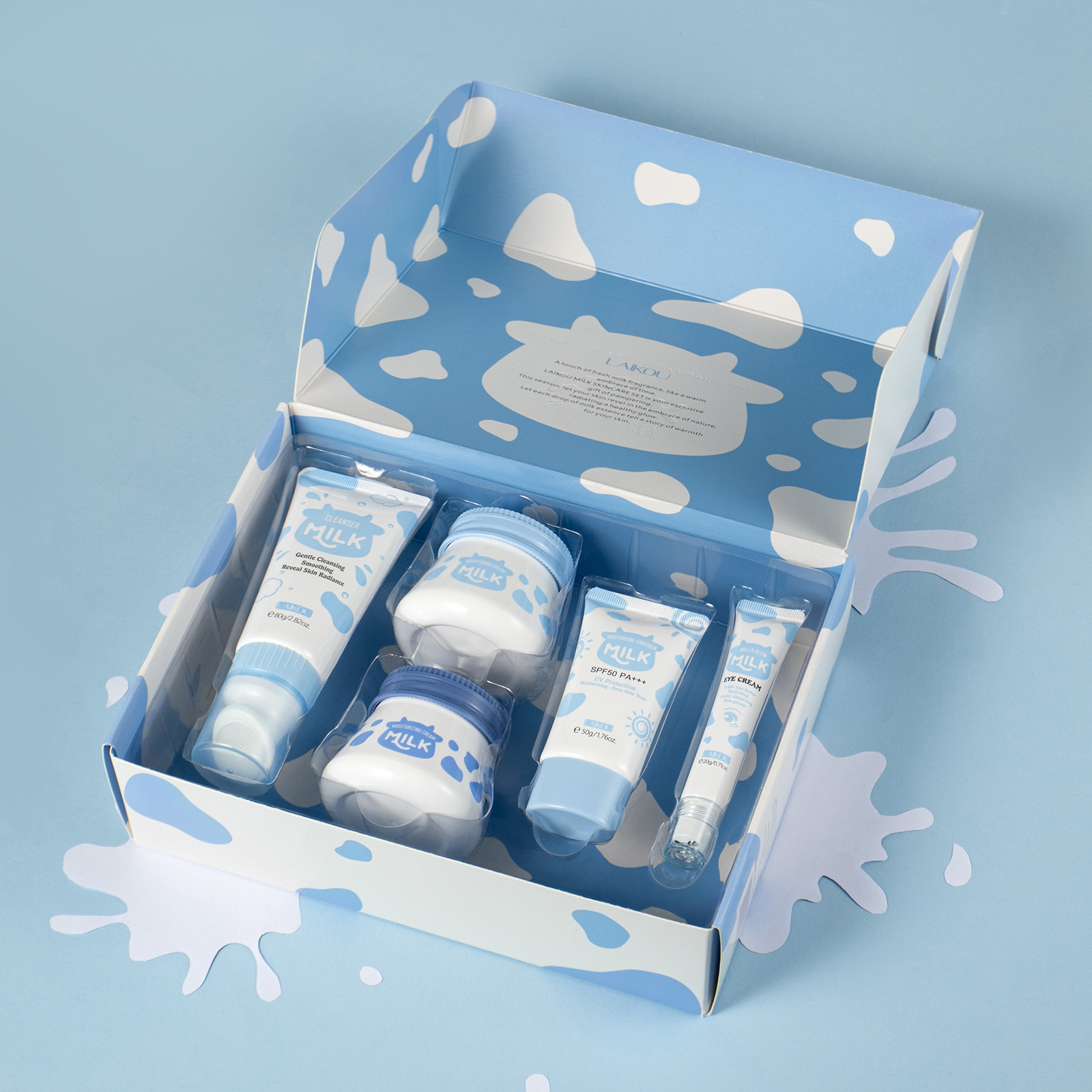 Factory wholesale cross-border LAIKOU milk skin care set of 5 pieces, hydrating and moisturizing facial care set full figure