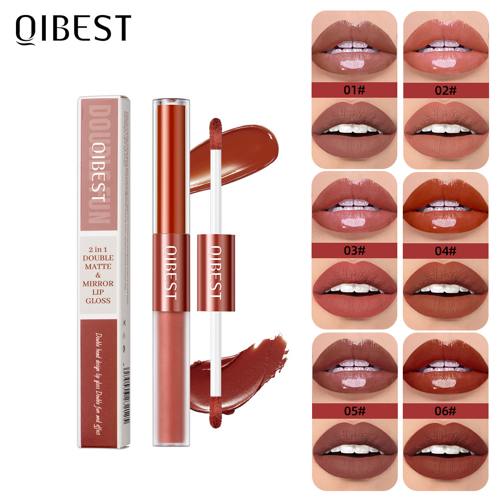QIBEST Cross-border Velvet Matte Waterproof Non-Stick Cup Non-fading Lip Gloss Two-in-one Double-head Matte Lip Gloss Makeup full figure