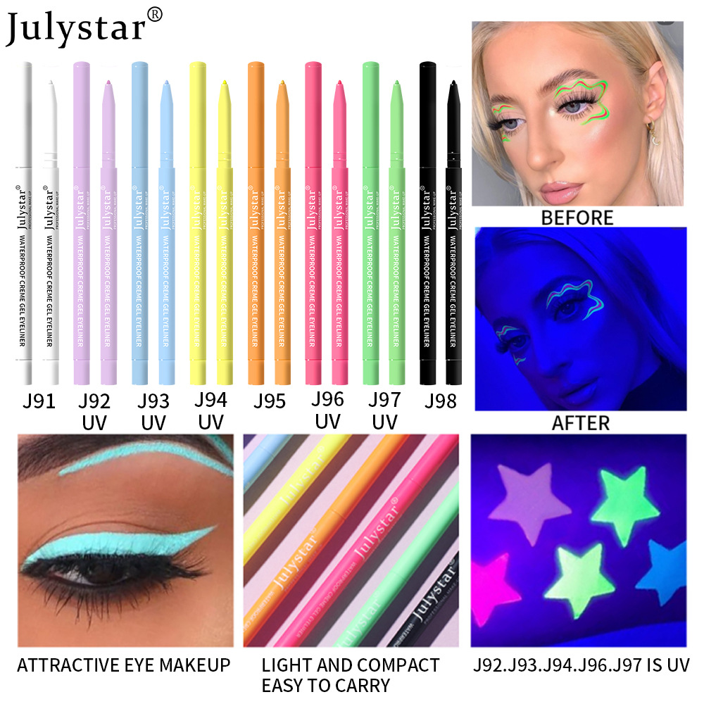 Julystar Colored UV fluorescent eyeliner Gel Pen is waterproof, oil-proof and does not smudge. It is a pearlescent eyeliner pen for cross-border beauty full figure