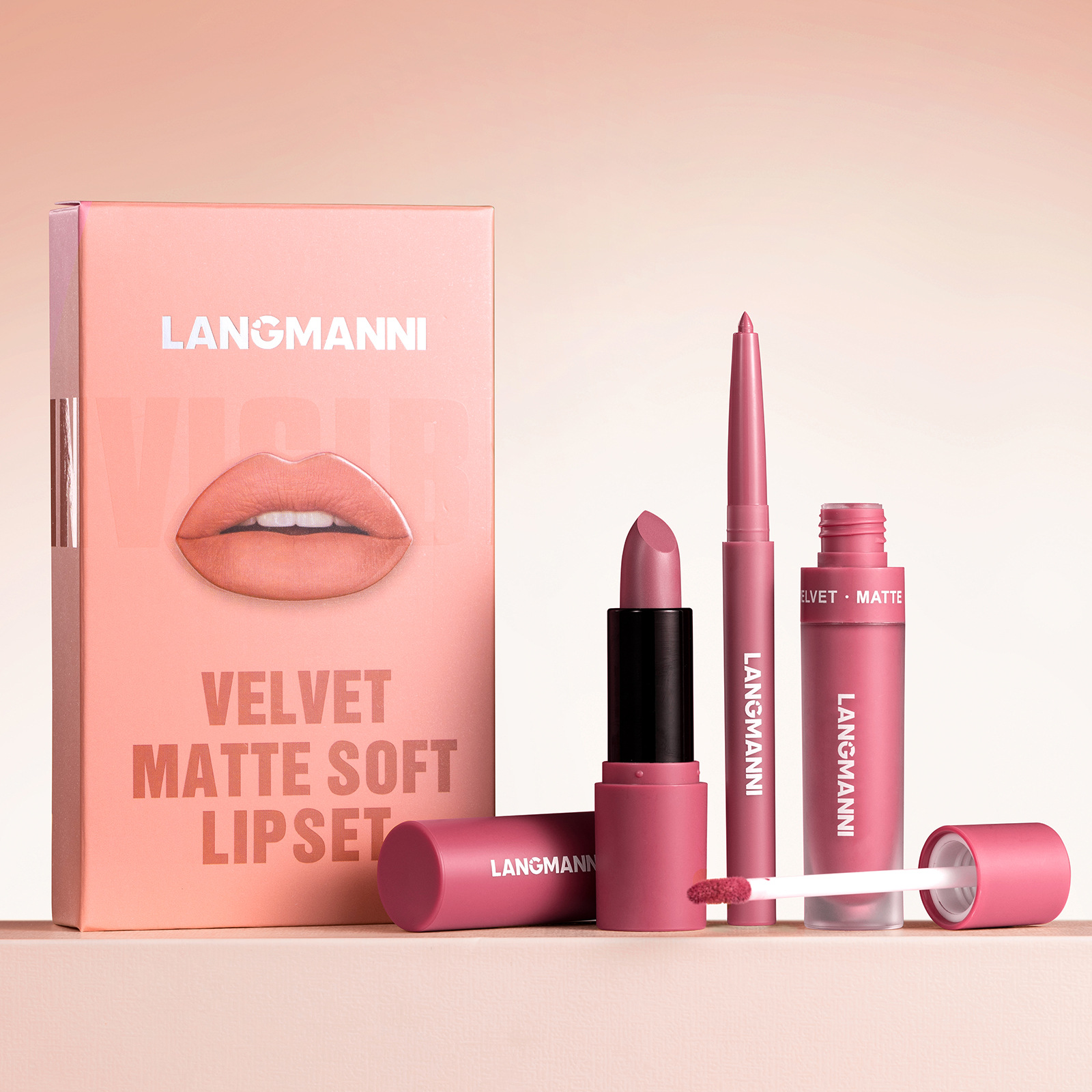 LANGMANNI six-color lip liner, lipstick, liquid lipstick set, temu wholesale full figure