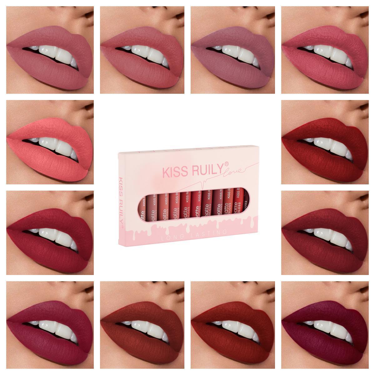 Cross-border Makeup 12-piece matte non-stick cup lip gloss set, European and American style liquid lipstick velvet waterproof lip gloss for export full figure