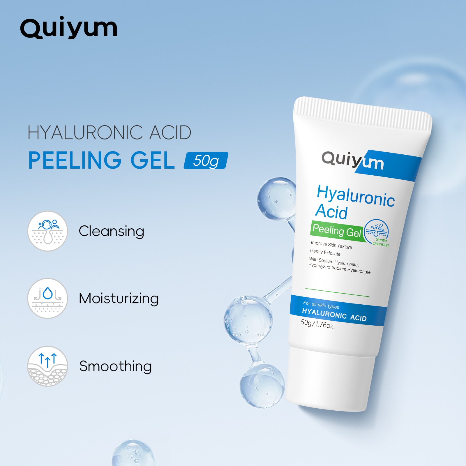Cross-border new product quiyum Hyaluronic acid Exfoliating Scrub 50g for cleansing facial skin is in stock and available for delivery from the manufacturer full figure