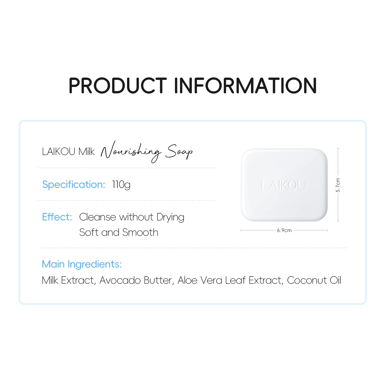 The new cross-border product LAIKOU Moisturizing and Cleaning Milk Handmade Soap 110g is in stock and available for wholesale from the manufacturer. It comes in English packaging Specification drawing