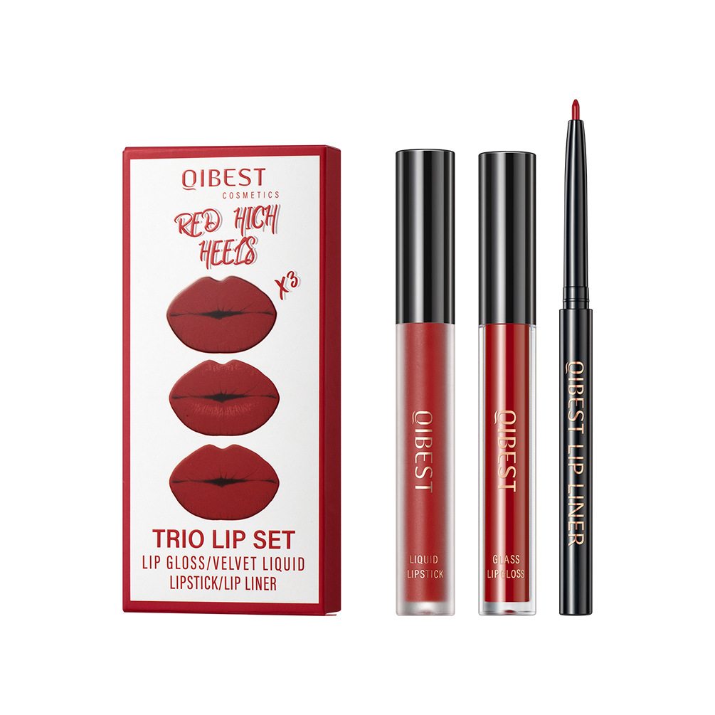 QIBEST Cross Border non-stick cup non-fading lip glaze matte mist moisturizing lip line set 3-in-1 Makeup Item Picture