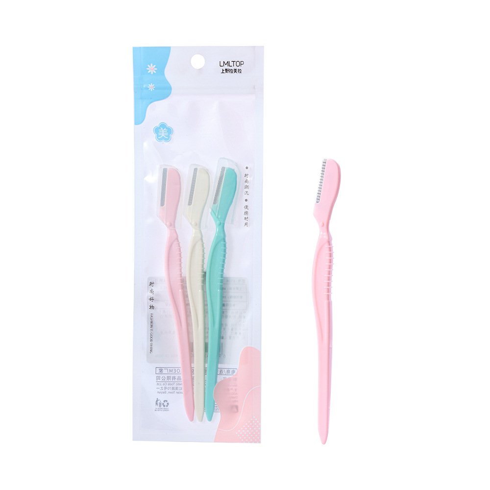 LMLTOP stainless steel eyebrow trimmer three-piece set with protective net, beginner's small blade eyebrow scraper wholesale A994 Item Picture