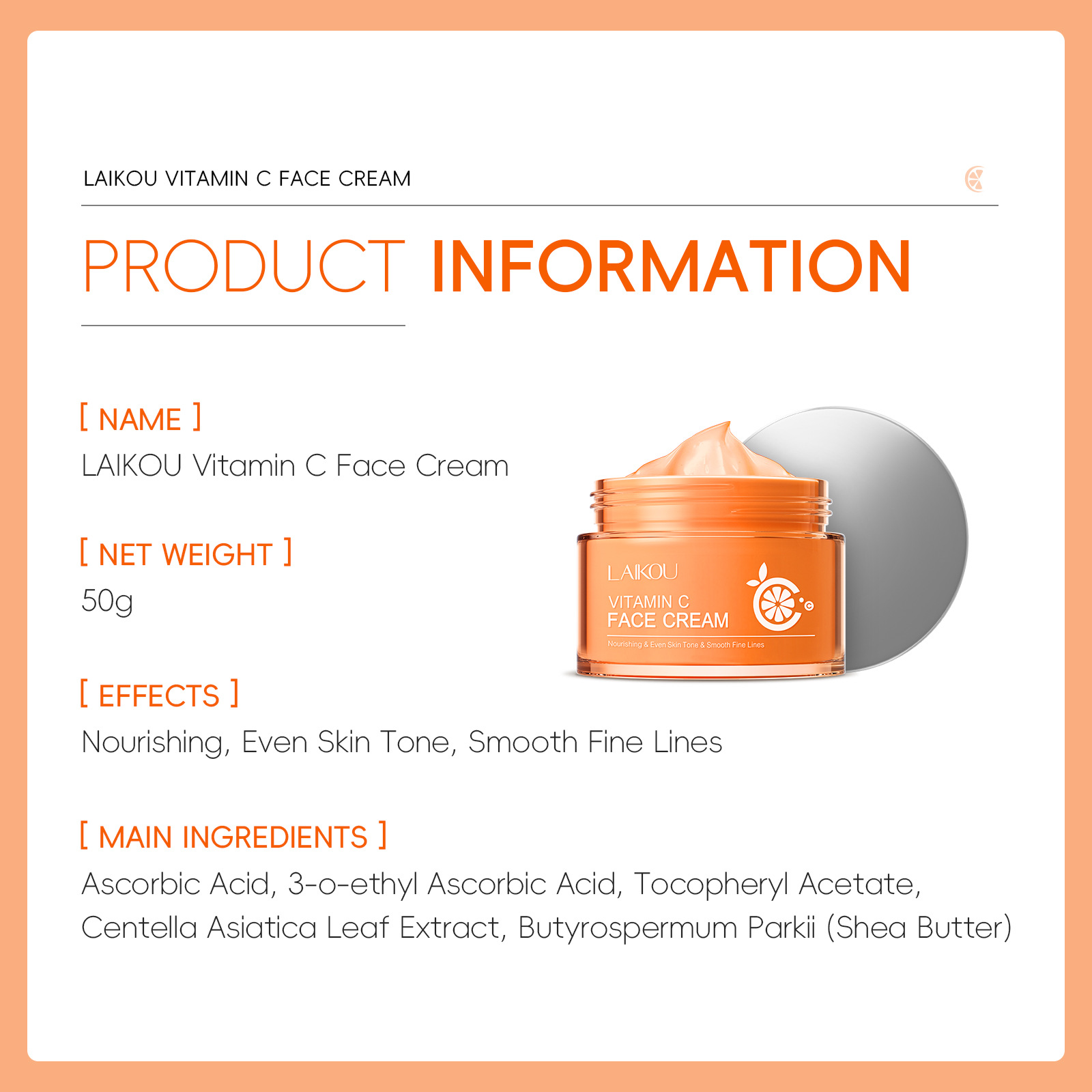 LAIKOU Vitamin C Face Cream 50g Hydrating and Moisturizing Facial Skin care products Cross-border wholesale Specification drawing