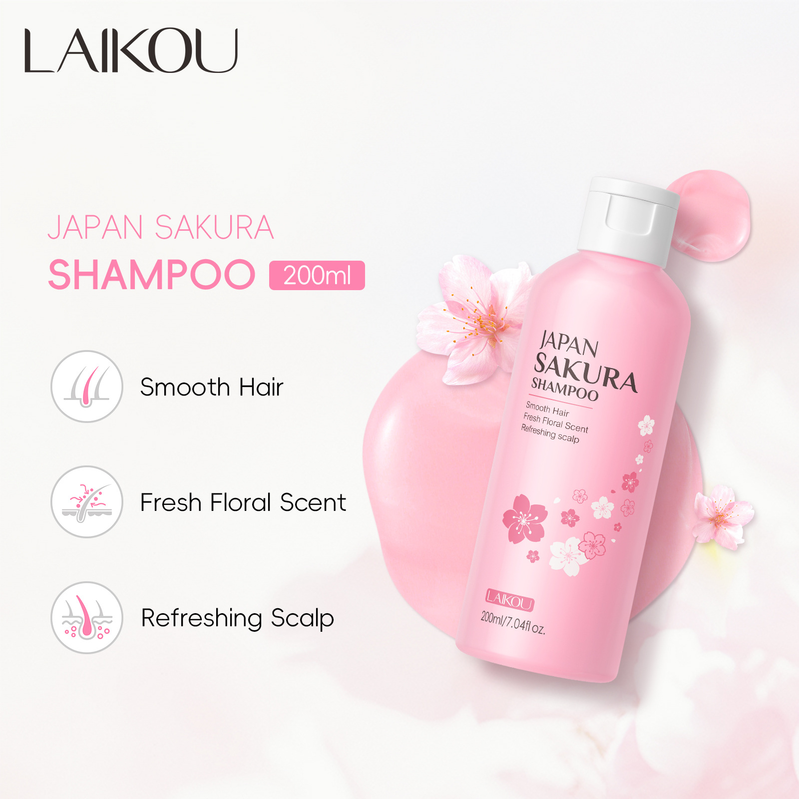 Cross-border Laiko Sakura Shampoo 200ml, cleansing hair, smooth and fragrant, factory in stock, one-piece consignment full figure