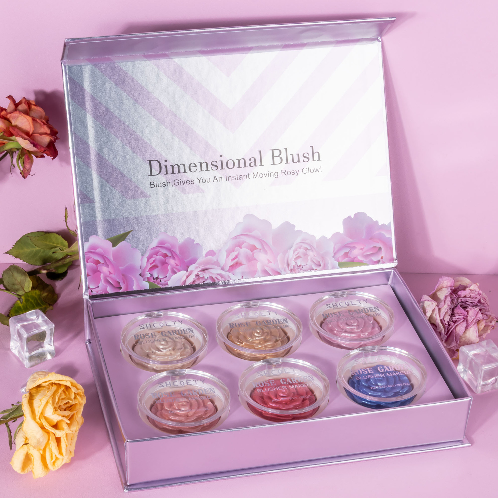 Shcoety3d 6-color high-gloss Set Engraved rose blush Plate Body and Face three-dimensional brightening and contouring Powder compact details Picture