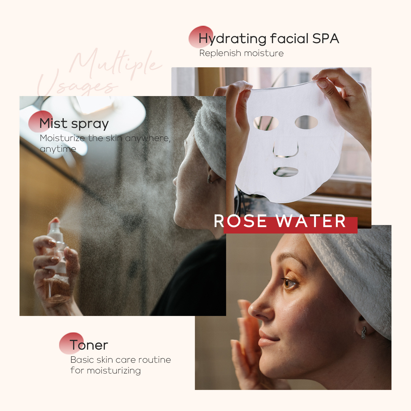 Wholesale of cross-border QUIYUM Damascus rose hydrosol wet compress hydrating, Moisturizing and brightening toner in stock from the manufacturer Specification drawing
