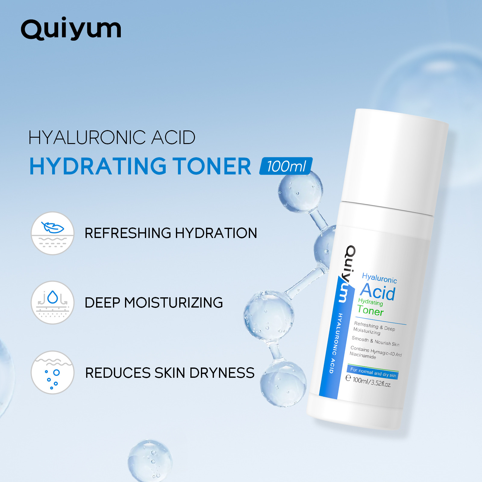 QUIYUM Hyaluronic Acid Toner 100ml Hydrates, moisturizes, nourishes and refines pores. Factory in stock, one-piece consignment full figure