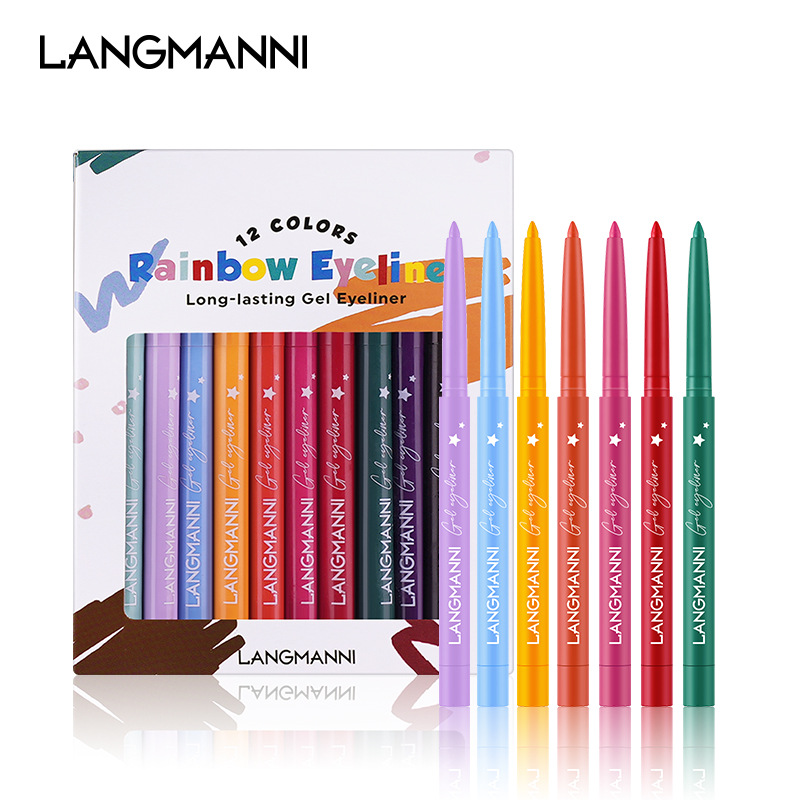 The Langmanni 12-color eyeliner set is not prone to smudging. It is a matte colored eyeliner set details Picture
