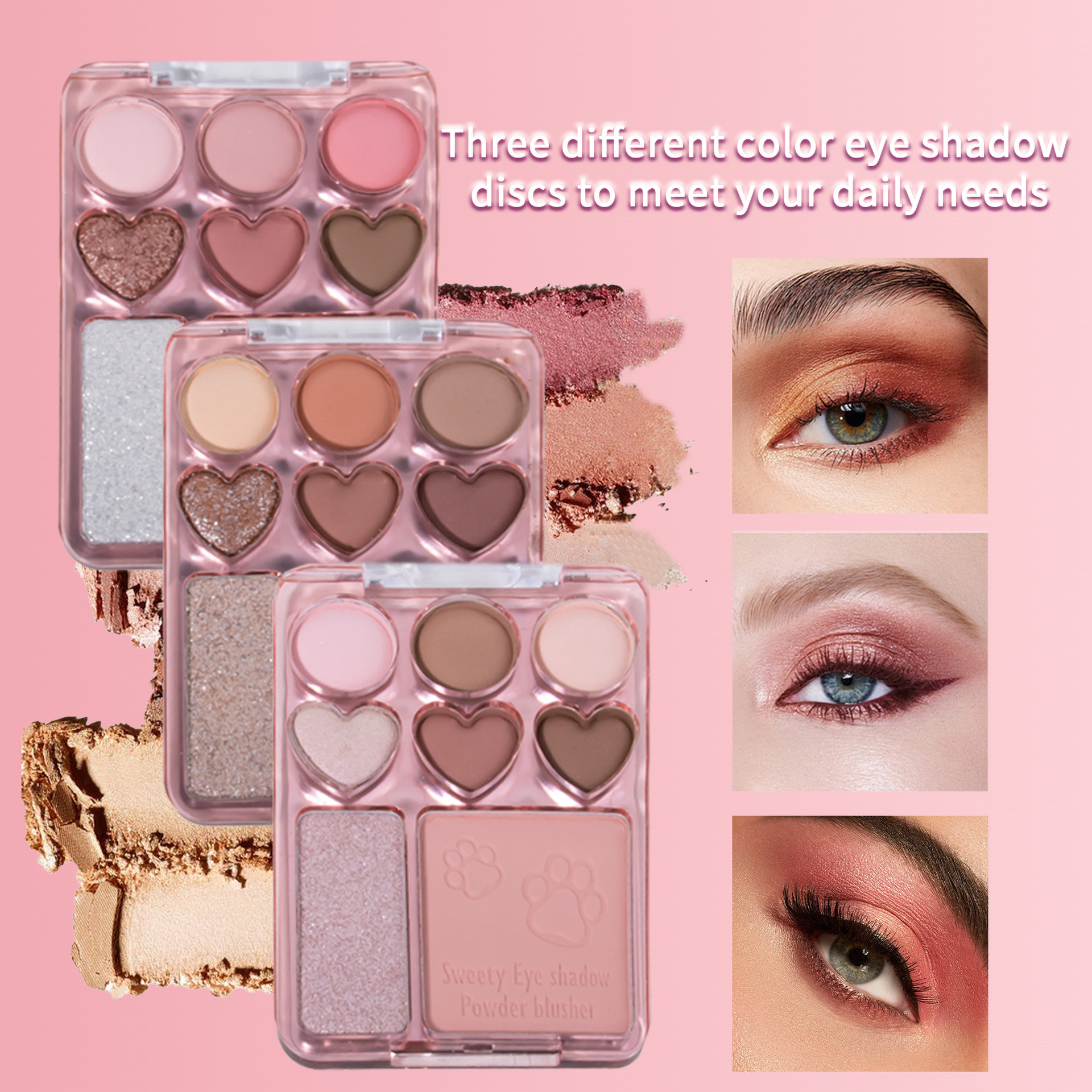Shcoety8-color heart-shaped Eyeshadow palette, blush, highlight, one-piece natural three-dimensional, waterproof, long-lasting, fine and sparkling eyeshadow cross-border details Picture