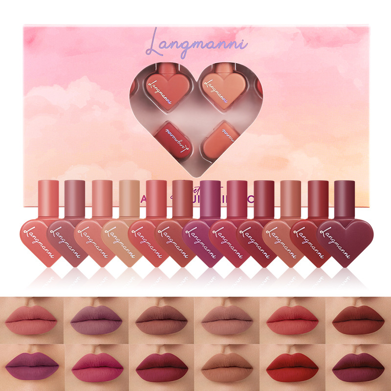 Langmanni Matte 12-color heart-shaped matte lipstick set and velvet Lip gloss set for Amazon full figure