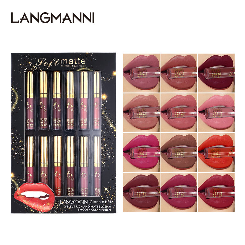 Langmanni 12-color matte Lip Gloss set, matte lip gloss Amazon Lipstick set full figure