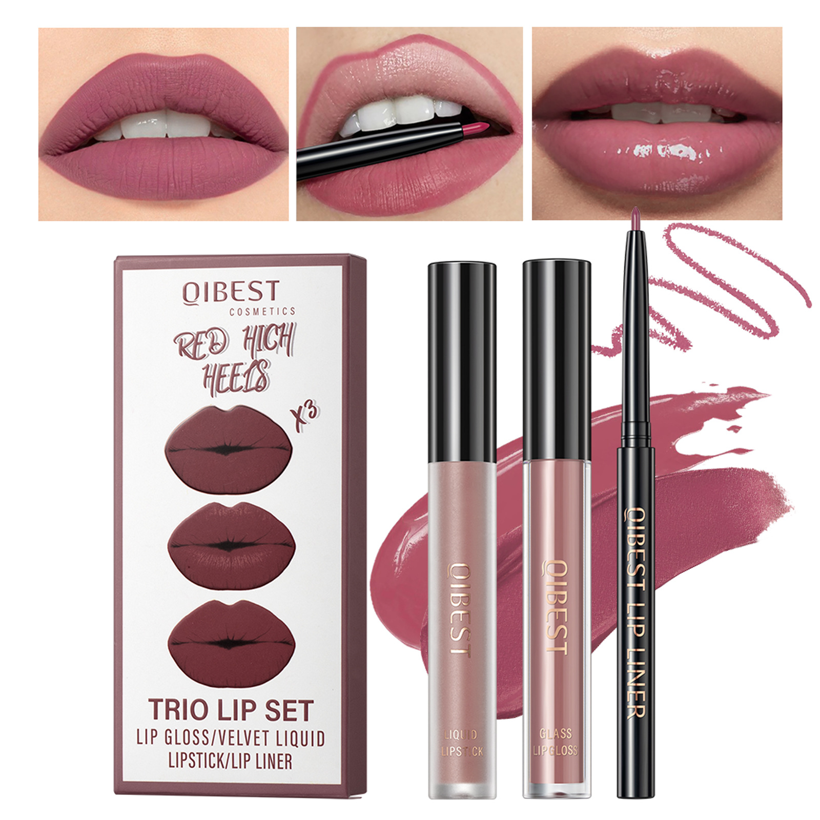 QIBEST Cross Border non-stick cup non-fading lip glaze matte mist moisturizing lip line set 3-in-1 Makeup full figure