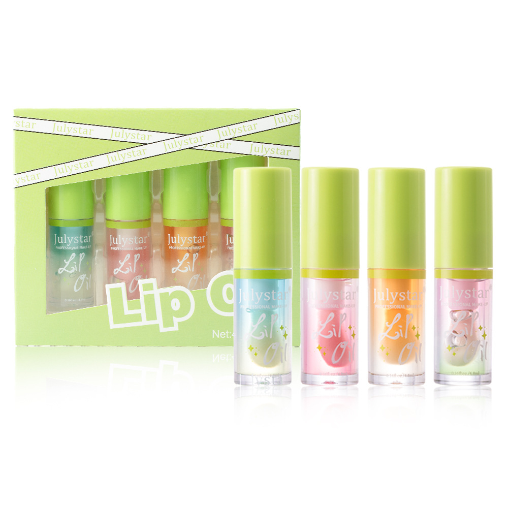 Julystar Hydrating Head Brush Lip Gloss Mirror Moisturizing Hami Melon Lip Oil 4-bottle Set Wholesale Makeup Item Picture