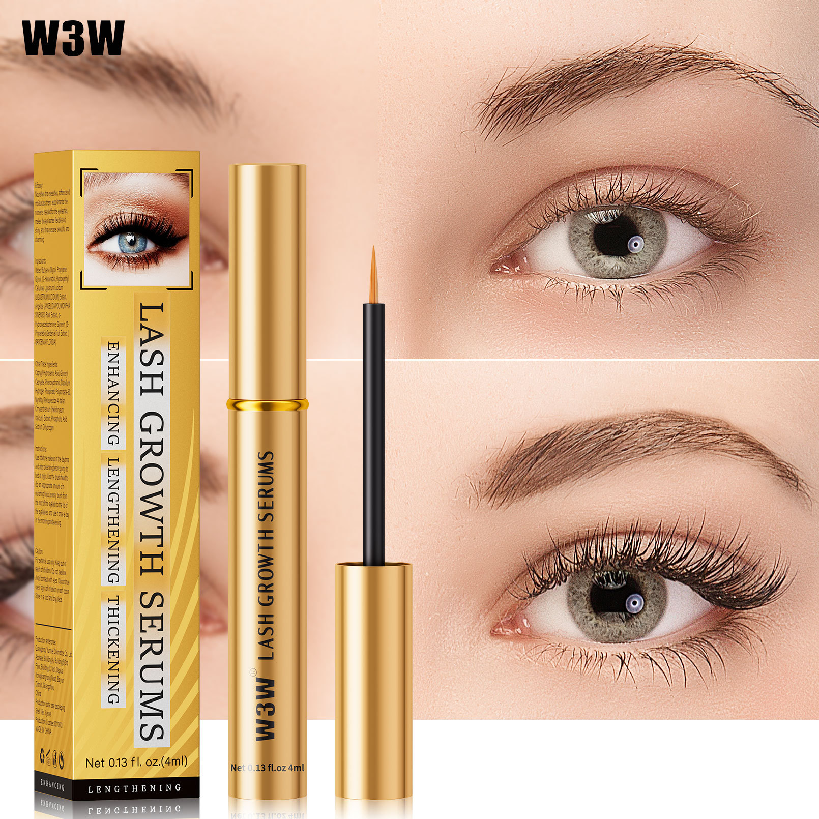 W3W Cross-border Gold Tube Thickening Mascara, Natural Thickening, transparent and colorless Mascara Base, Slimming Liquid Makeup full figure