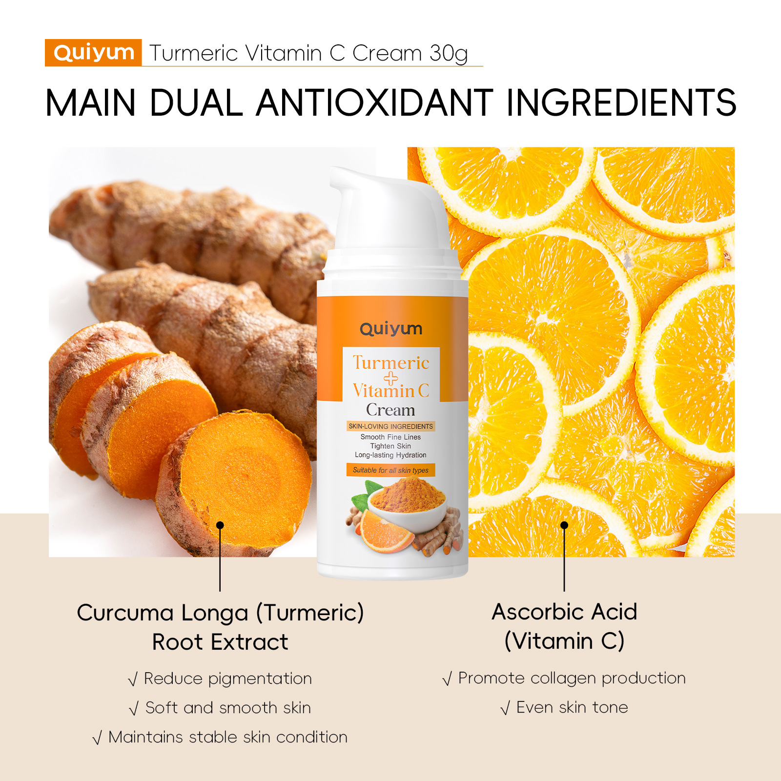 Cross-border new product QUIYUM Turmeric Vitamin c Cream 30g Hydrating Moisturizing Cream is available for wholesale from the manufacturer Application Scenario