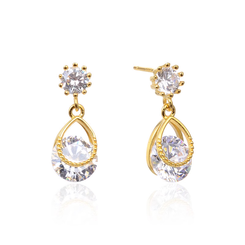 Xuhui brand exquisite and light luxury copper plated with real gold and set with zircon 925 silver needle water drop design fashionable stud earrings Specification drawing