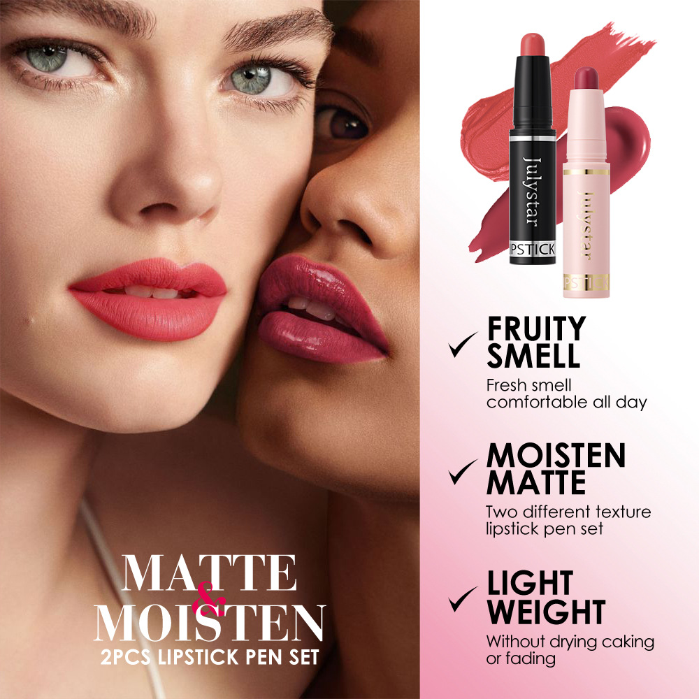 Julystar Fruit-flavored Moisturizing Beauty Water Light Lipstick Long-lasting Waterproof Bestseller Matte matte two-piece lipstick Specification drawing