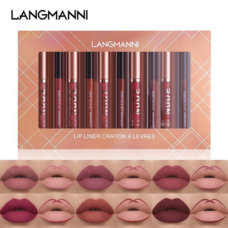 Langmanni 12-piece lip gloss set 6+6 Lip gloss and Lip liner pen combination Non-stick cup matte lip gloss details Picture