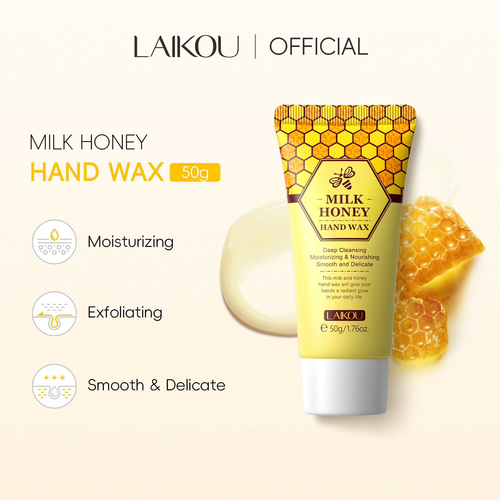 Cross-border English version LAIKOU Honey Milk Hand Wax 50g Hand Mask Moisturizing, hydrating and hydrating Autumn and winter manufacturer in stock full figure
