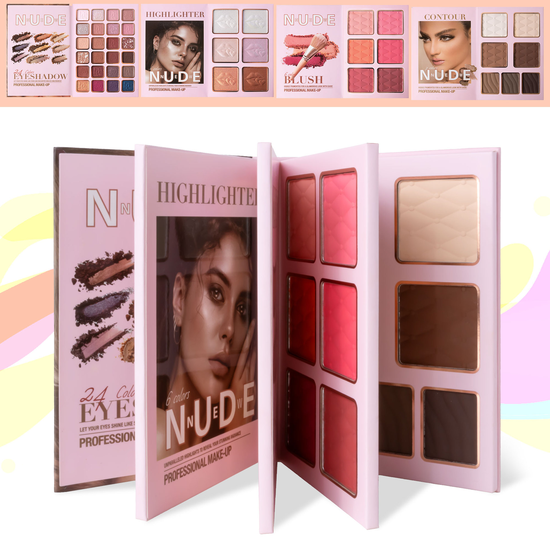 Cross-border bestseller 43-color makeup palette, four-layer flip book eyeshadow palette, matte pearlescent blush, contour and highlight in one piece full figure
