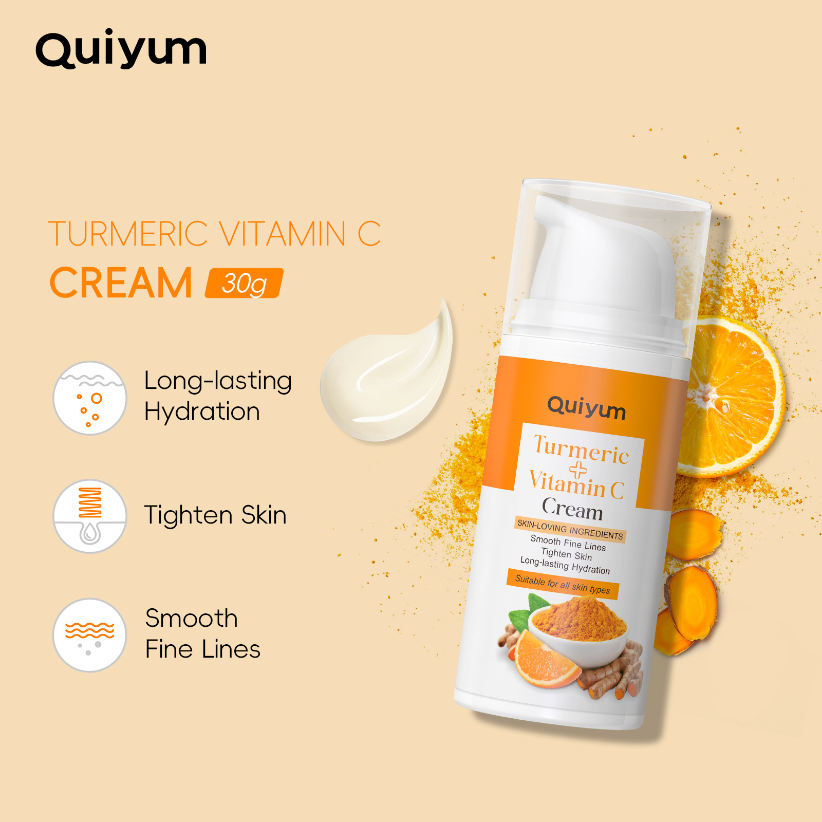 Cross-border new product QUIYUM Turmeric Vitamin c Cream 30g Hydrating Moisturizing Cream is available for wholesale from the manufacturer full figure