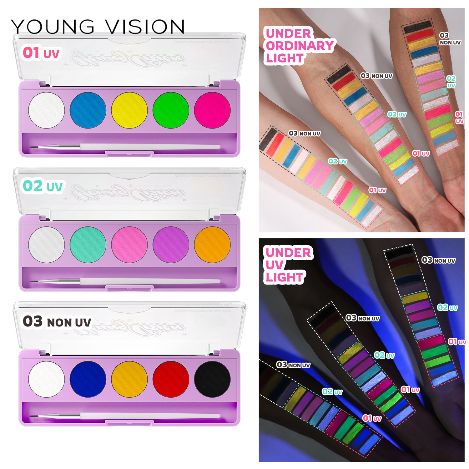 YOUNG VISION Fluorescent UV Facial Painting Plate Water-soluble Human Facial Painting Cream Stage Performance Makeup Plate Specification drawing