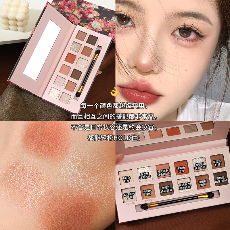 Capel 12-color oil painting style eyeshadow palette, pearlescent, matte, fine glitter, pink brown, earth tone, low-saturation makeup for women details Picture