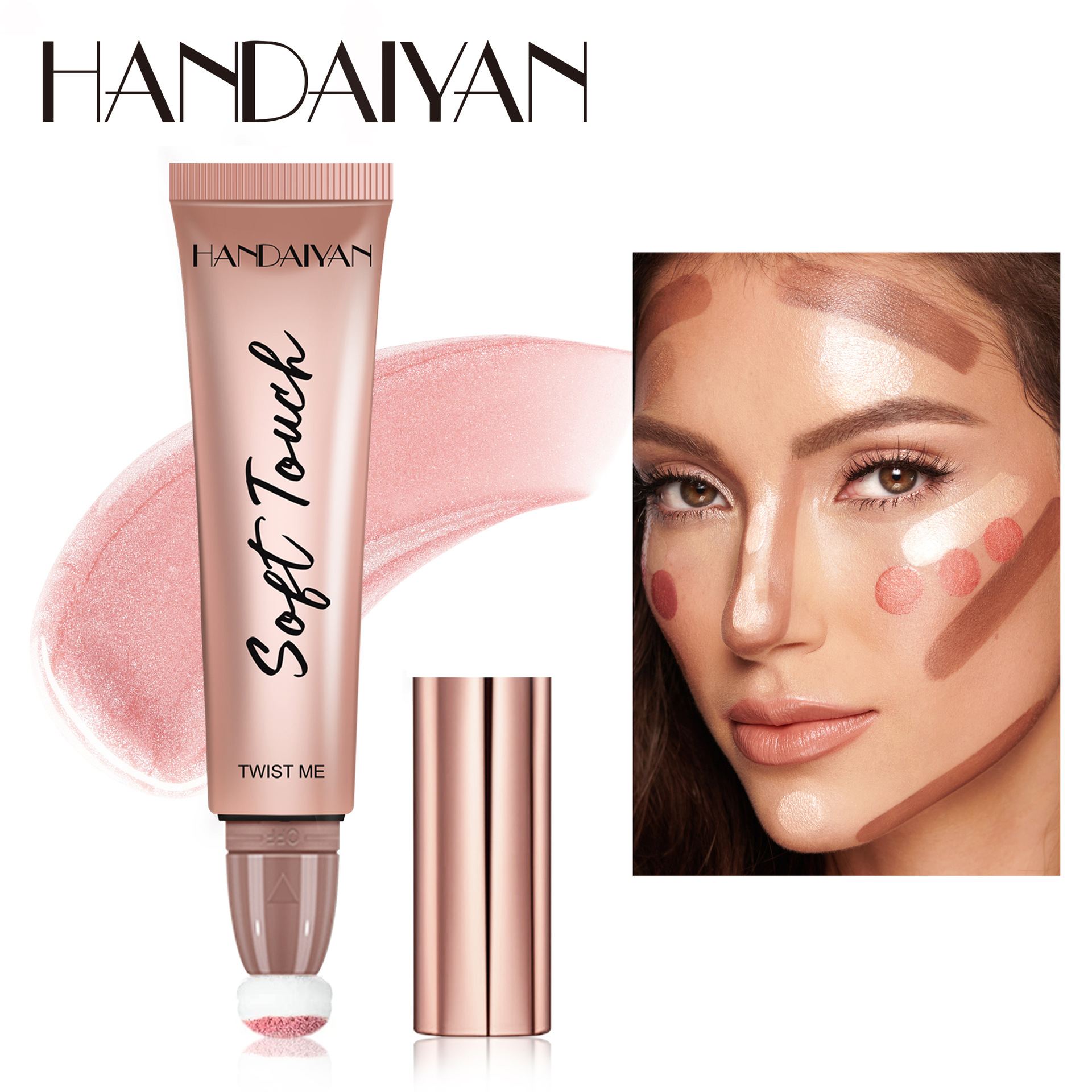 Cross-border 6-color matte Blush Cream handaiyan Natural Rosy High-gloss Contouring and Brightening Fine Sparkling Liquid Blush stick full figure
