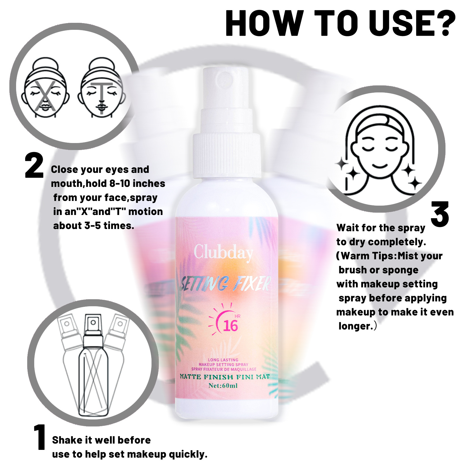 Clubday 60ML Cross-border Moisturizing Matte Setting Spray Long-lasting Oil Control, Water Resistance and Clear Setting Spray Water Application Scenario