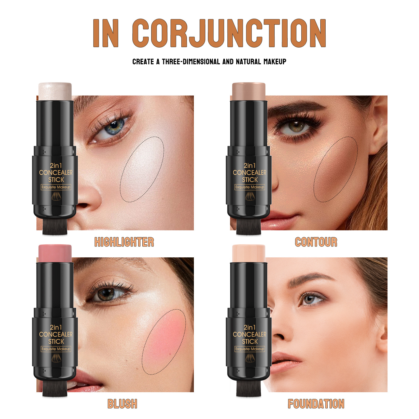 HelloKiss Highlighter Blush with Brush, Double-headed Contouring Stick, Three-dimensional contour Shaping, Concealer Foundation Stick, Cross-border Color Application Scenario