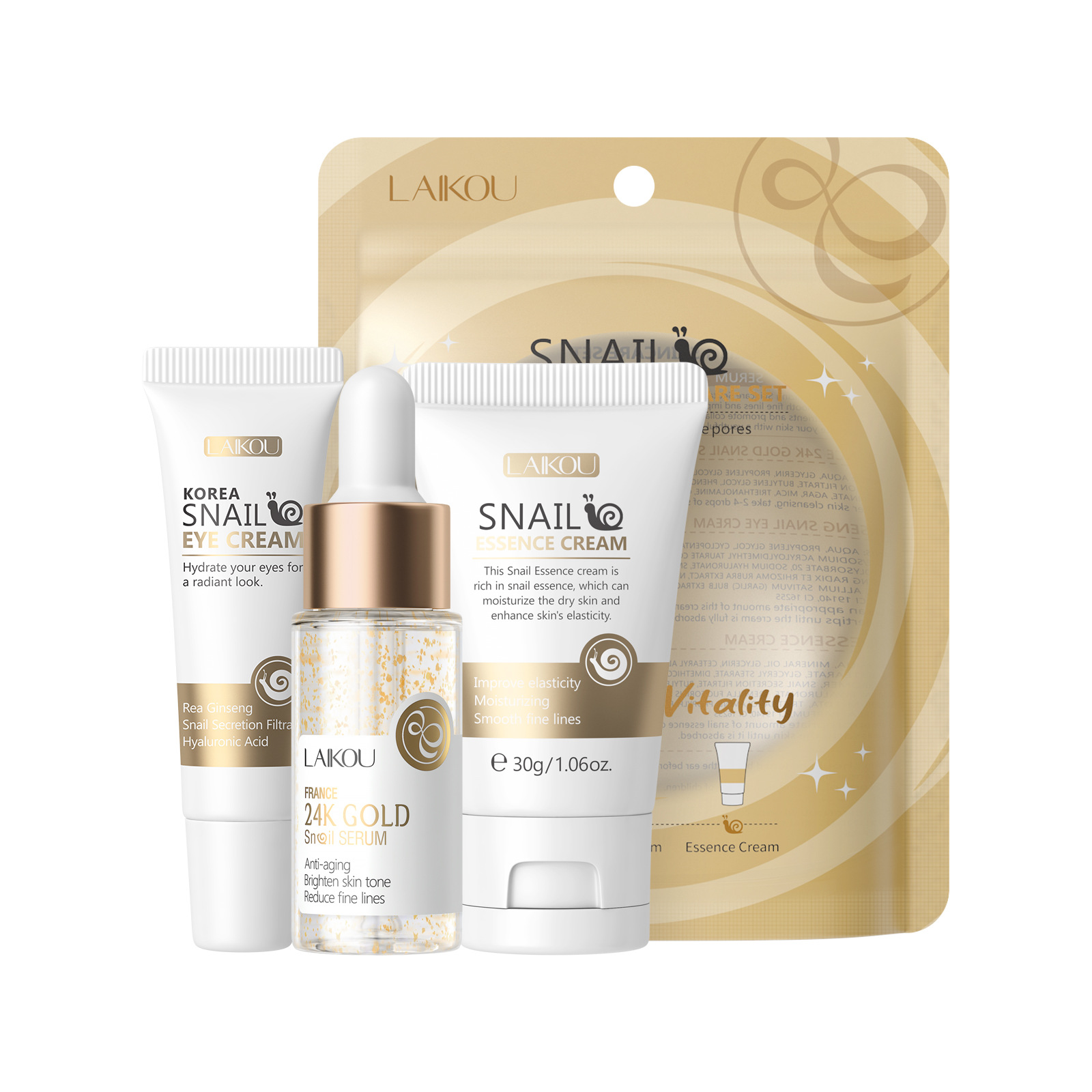 Cross-border LAIKOU Snail Revitalizing Skin Care Set 3-piece set, Facial Cleanser, Eye Cream and Face Cream manufacturer in stock Item Picture