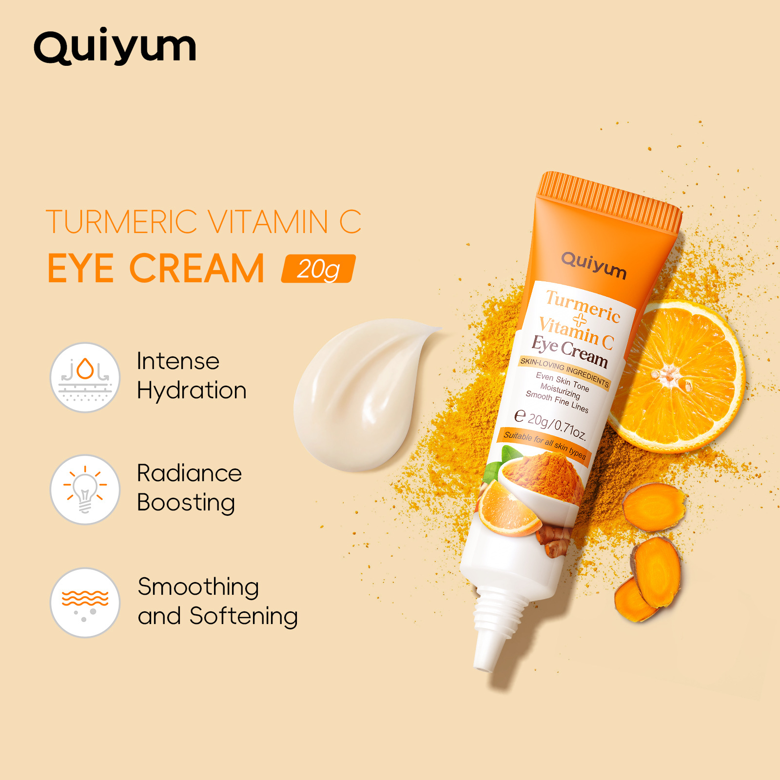 Cross-border new product QUIYUM Turmeric Vitamin c Eye Cream 20g hydrating and moisturizing, English packaging, wholesale in stock full figure