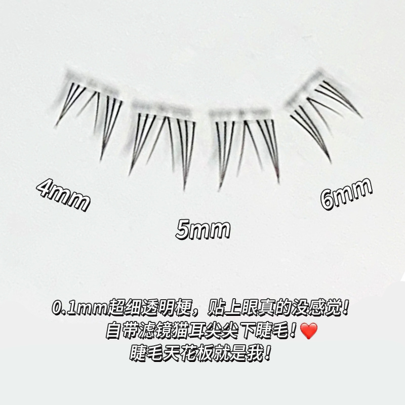 Lazy cat ears, pointed lower eyelashes, natural single cluster segments, beginner's eyelash highlighting, comic photogenic style, transparent stem false eyelashes Application Scenario