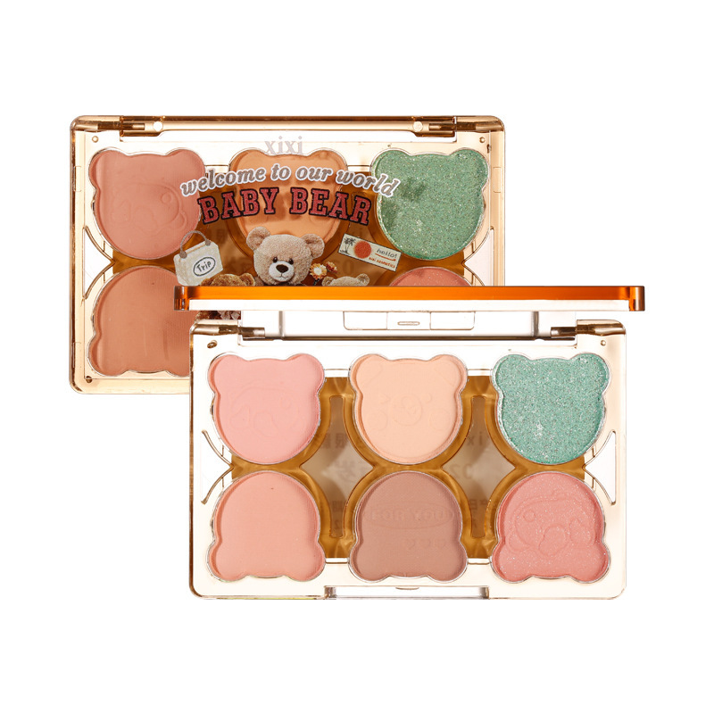 Beauty xixi Working Bear six-color eyeshadow, cool, broken diamond pink, purple and blue contrast color y2k imitation smoky cut eye makeup Item Picture