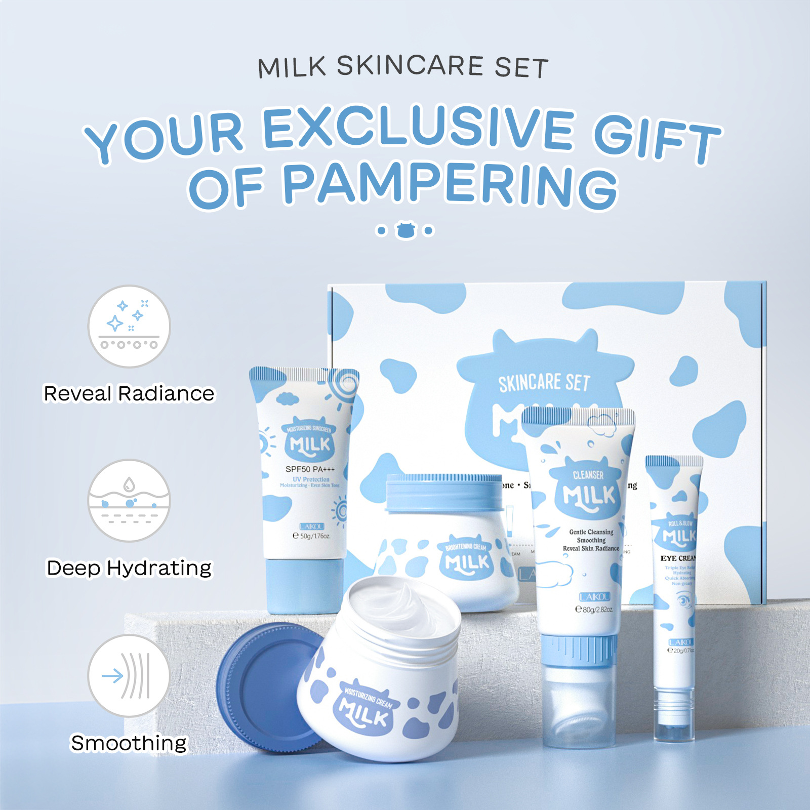 Factory wholesale cross-border LAIKOU milk skin care set of 5 pieces, hydrating and moisturizing facial care set details Picture