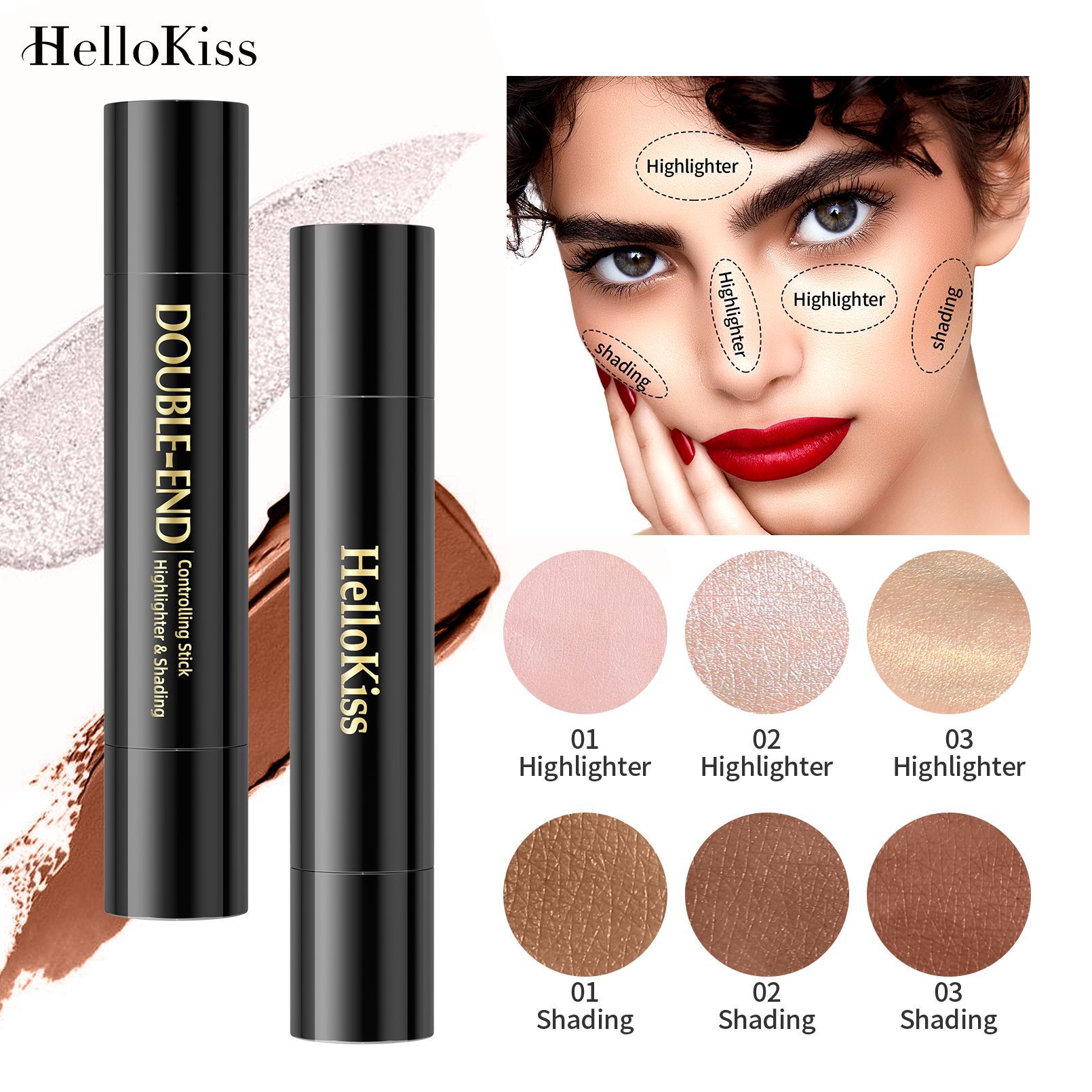 HelloKiss Double-headed Highlighter Contouring Stick, pearlescent three-dimensional, naturally brightening and modifying facial shadows, cross-border makeup full figure