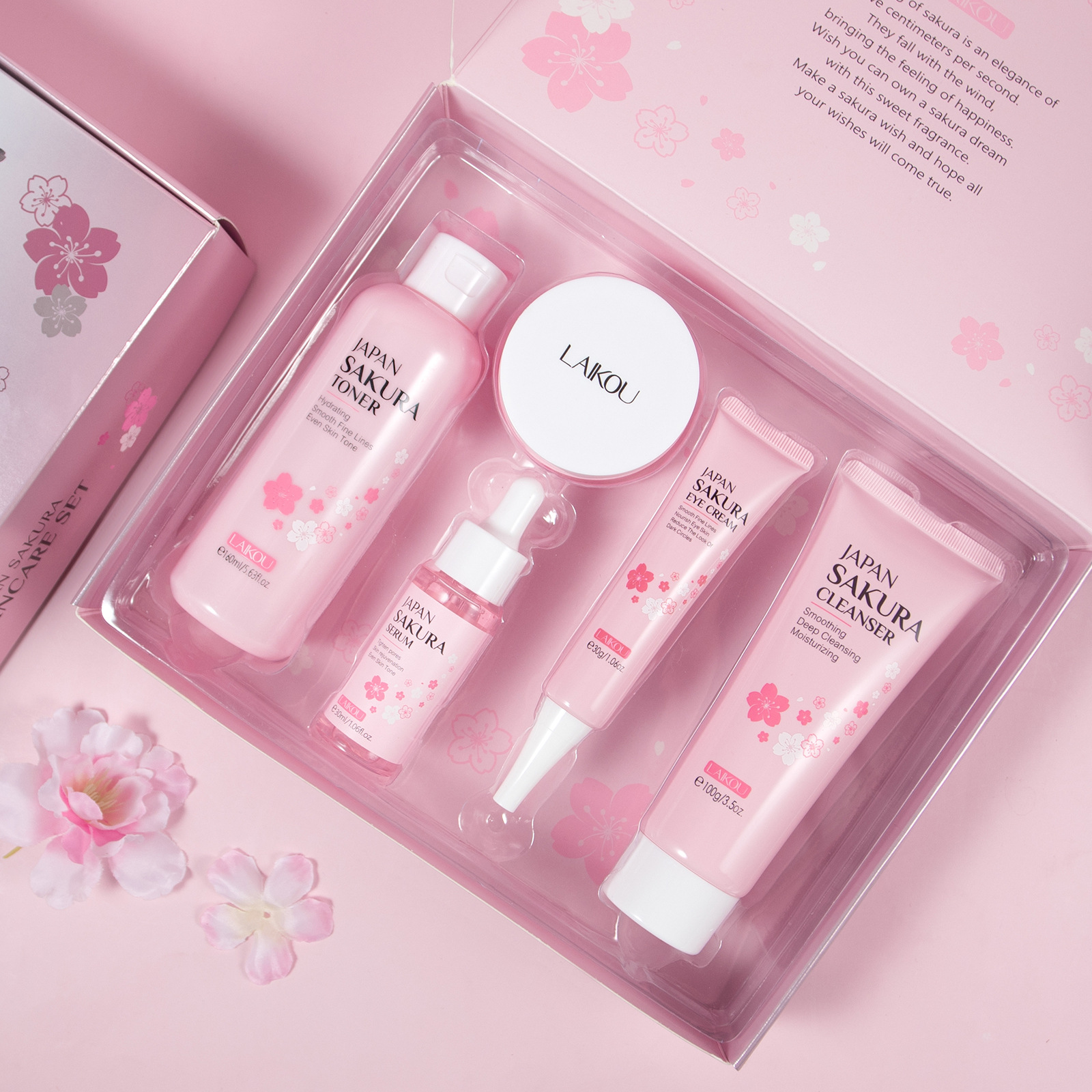 Cross-border LAIKOU Cherry Blossom 5-piece Set (Large Capacity Version) skincare product manufacturer one-piece consignment in-stock skincare set full figure