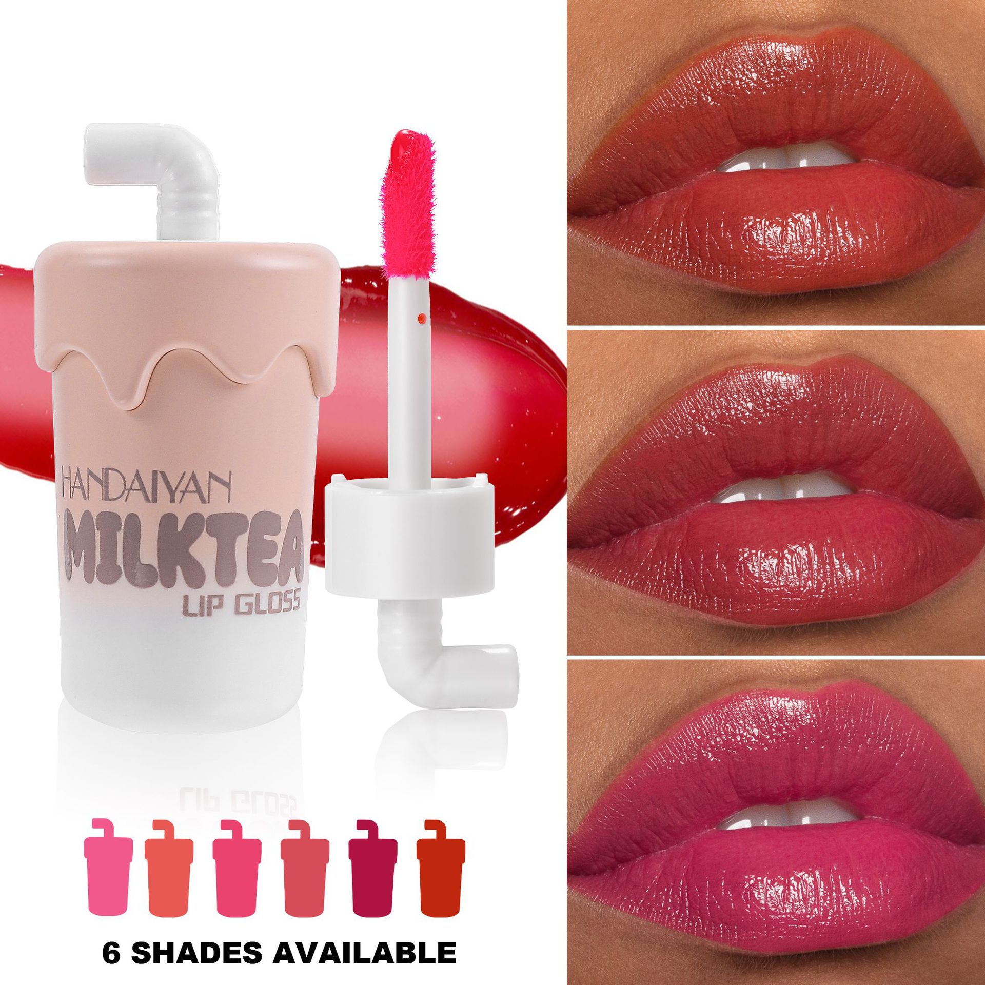 Milk tea cup lip gloss in stock: 6-color non-stick cup moisturizing matte handaiya Lip and cheek dual-purpose, cross-border exclusive lip gloss details Picture