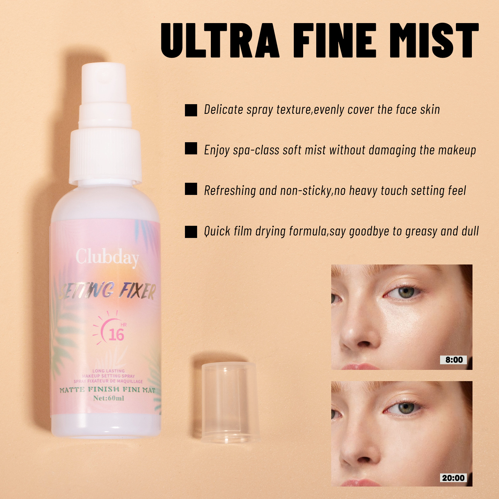 Clubday 60ML Cross-border Moisturizing Matte Setting Spray Long-lasting Oil Control, Water Resistance and Clear Setting Spray Water Specification drawing