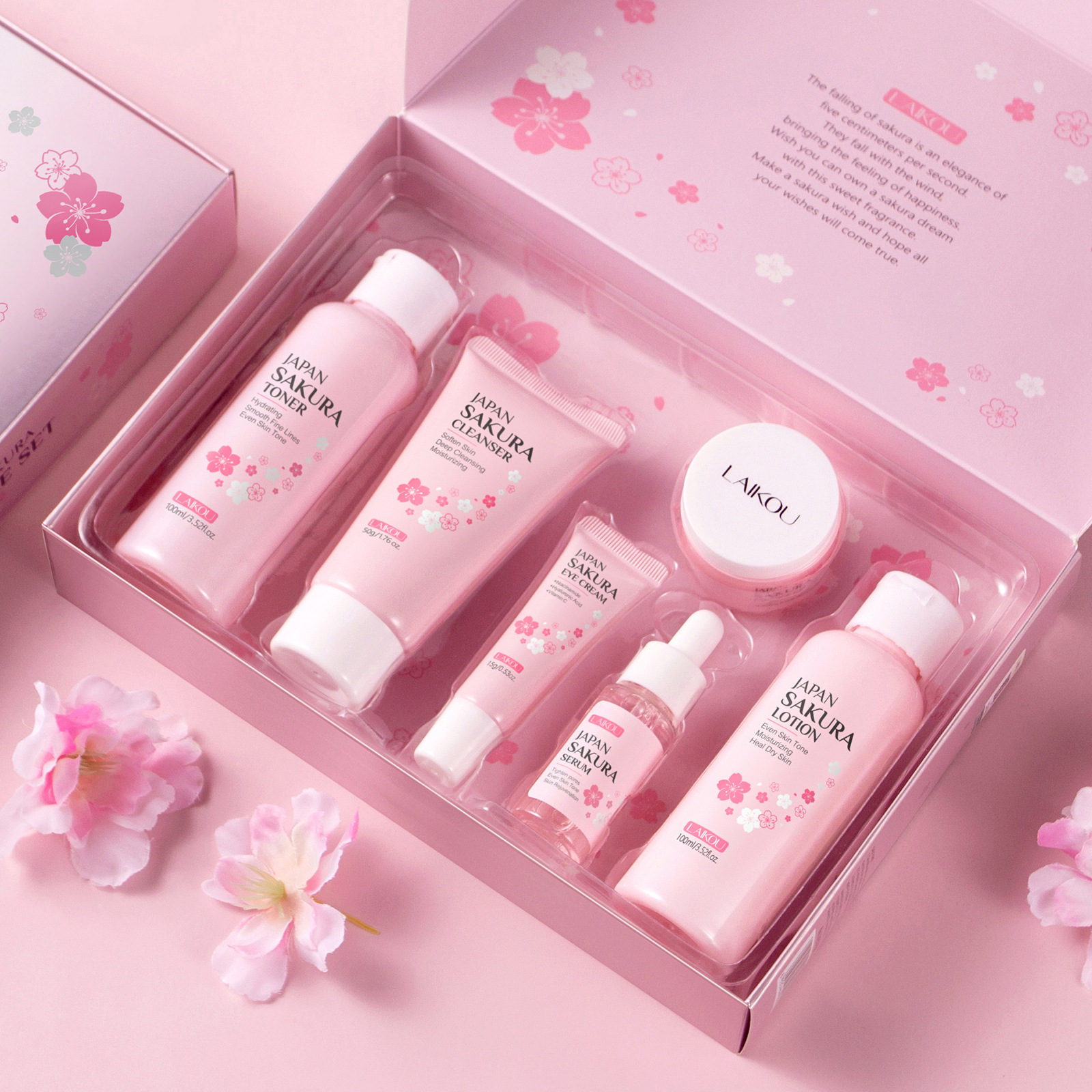 Cross-border LAIKOU Cherry Blossom Skincare Set of 6 pieces: Facial Cleanser, Lotion, Essence, Eye Cream, Essence, Cream and skincare products full figure
