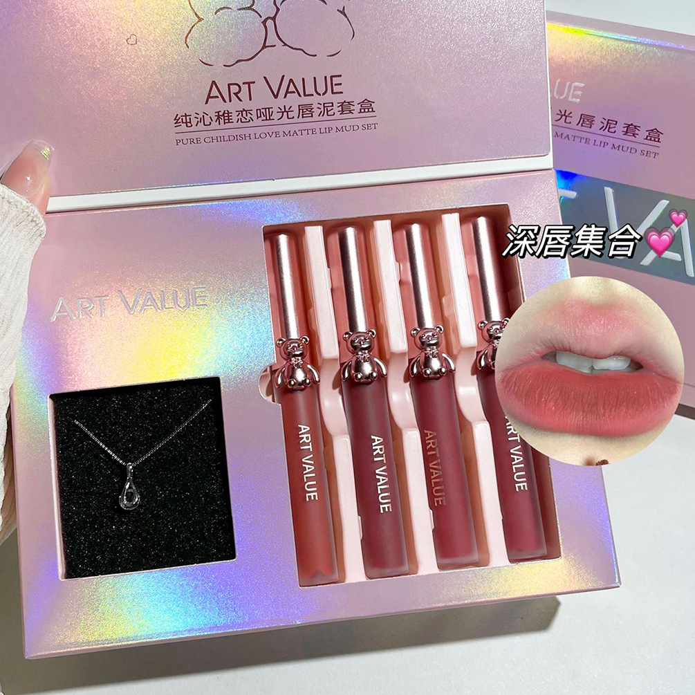 Art Value Little Bear Lip Clay Necklace Set Matte and Glossy Lip Clay Mirror Lip Glaze Wholesale for Girls details Picture