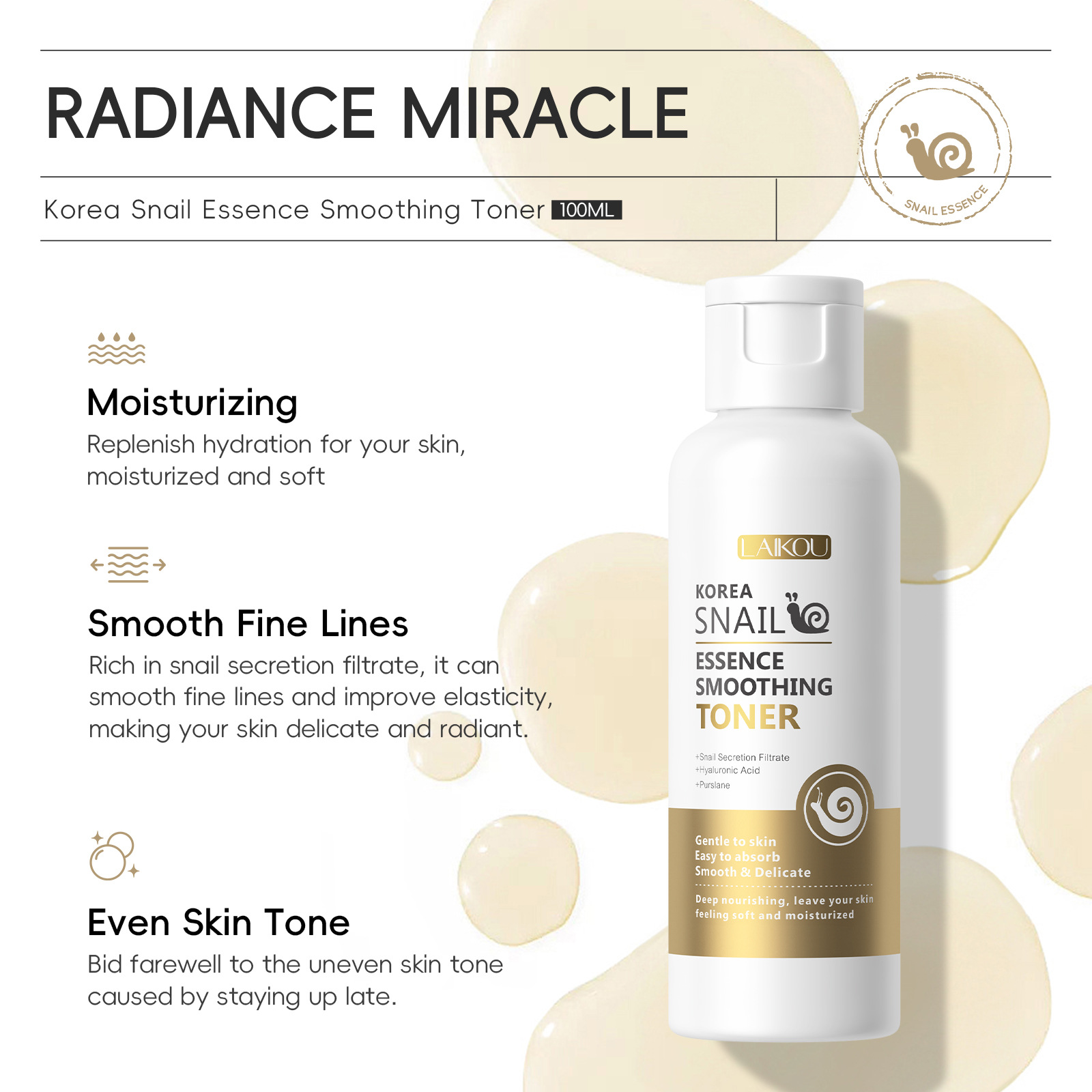 Cross-border LAIKOU Korean Snail Essence Toner 100ml Hydrating and Moisturizing Manufacturer in stock Application Scenario