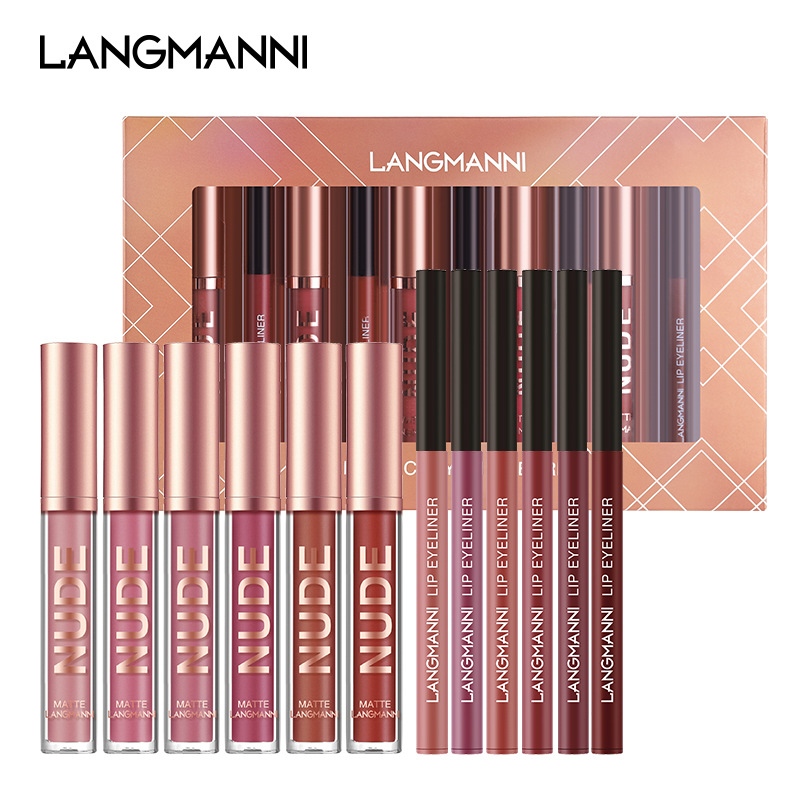 Langmanni 12-piece lip gloss set 6+6 Lip gloss and Lip liner pen combination Non-stick cup matte lip gloss Specification drawing
